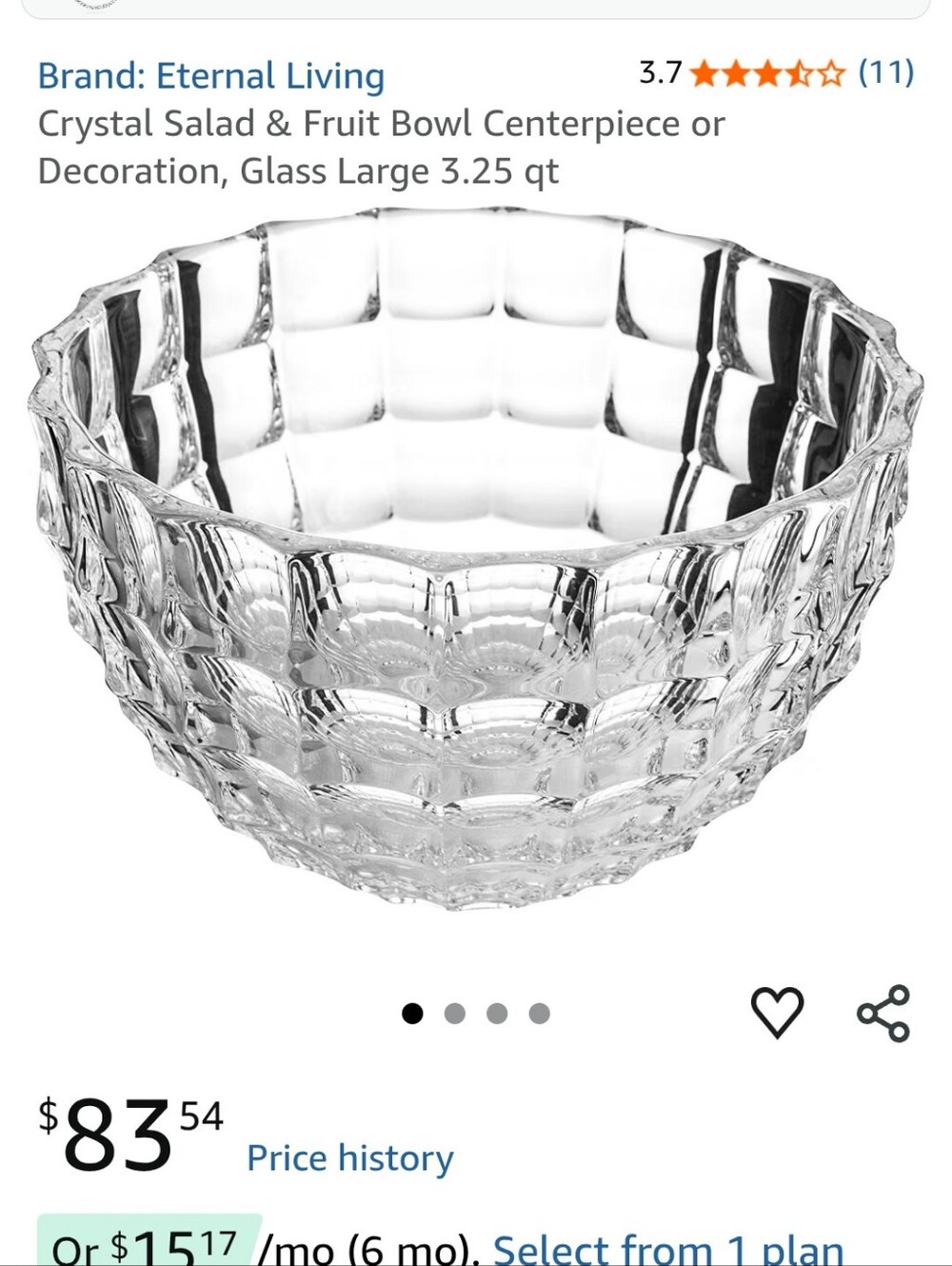 Eternal Living Crystal Salad Fruit Serving Bowl D 8.5"× H 6"